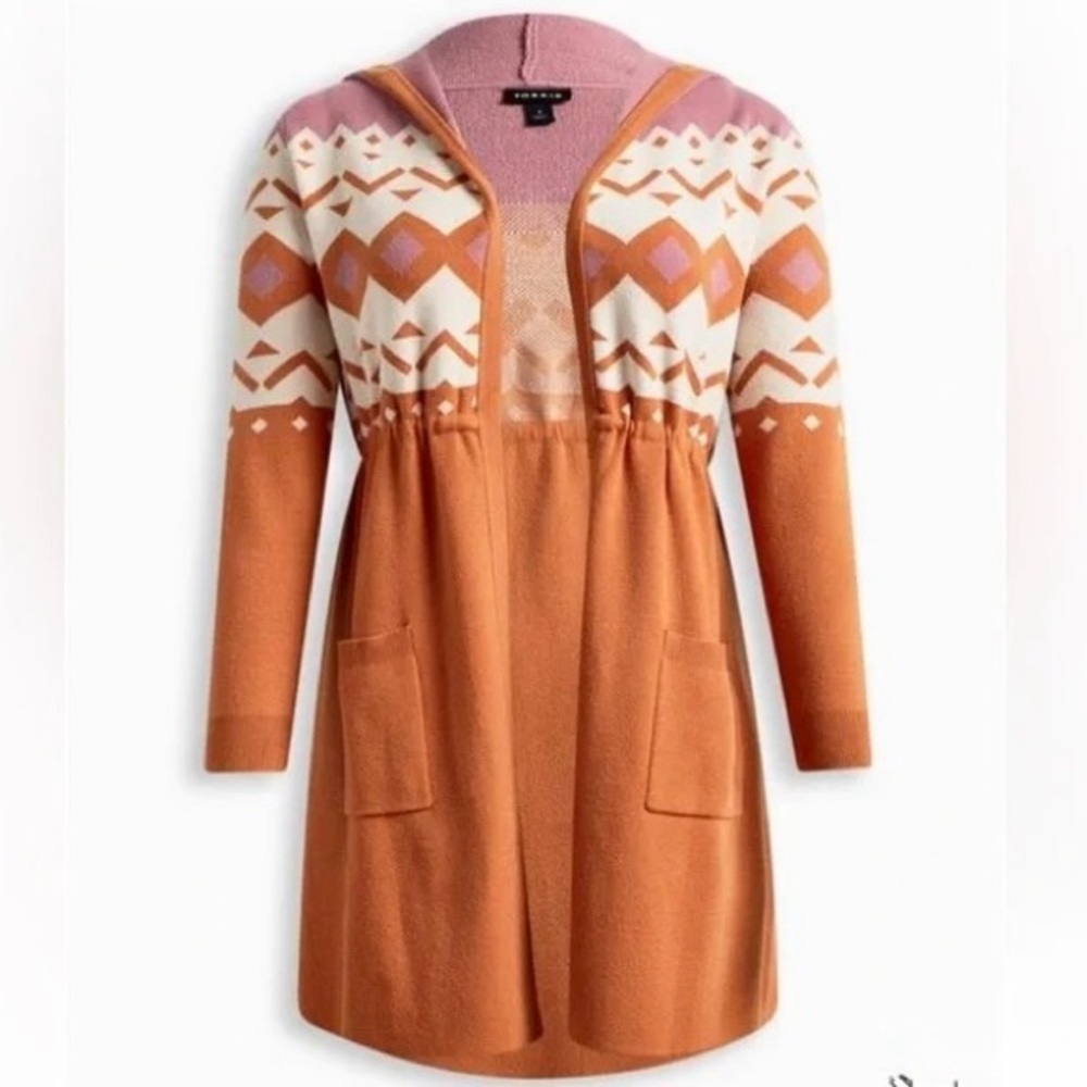 NWT Torrid Hooded Cardigan Duster Cinched Waist Orange Pink Print Boho Cozy Sz 2 - Picture 2 of 15